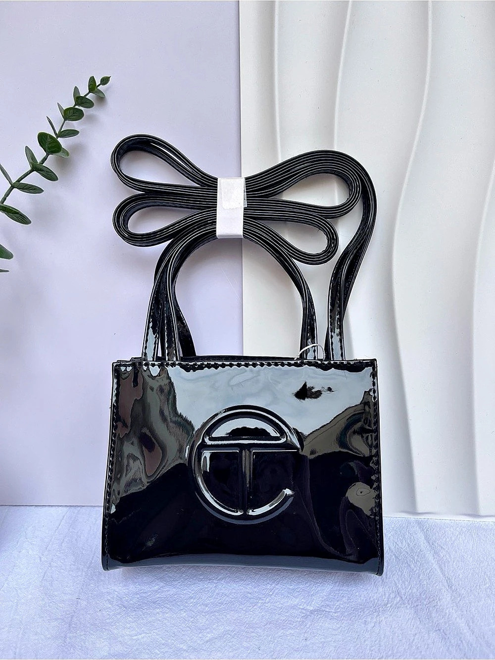 Telfar Small Patent Shopping Bag Mini Shoulder Bag in Black & Silver